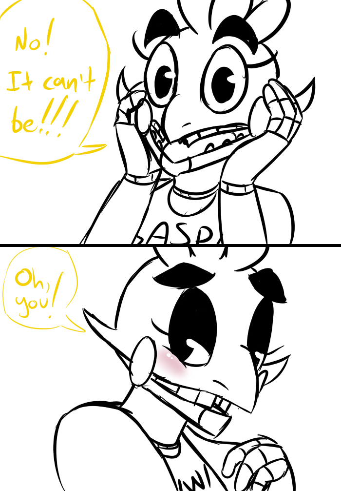 2015 animatronic anthro avian bib bird blush chica_(fnaf) chicken dialogue english_text female five_nights_at_freddy's half-closed_eyes inkyfrog looking_at_viewer machine restricted_palette robot simple_background solo talking_to_viewer text video_games white_background