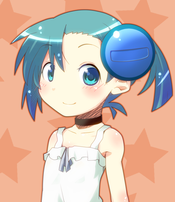 black_choker blue_eyes blue_hair blue_ribbon blush choker collarbone eyebrows_visible_through_hair hair_ornament looking_at_viewer miiyon original ribbon short_hair smile solo