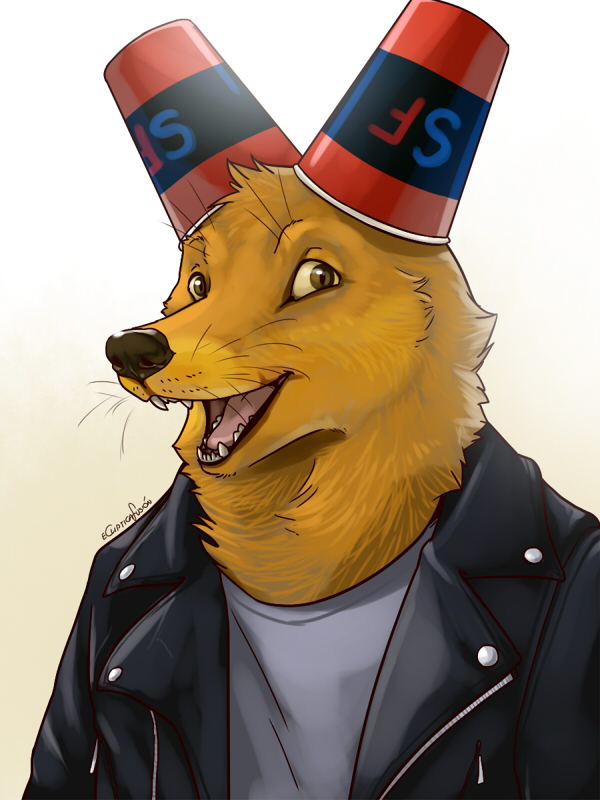 4:3 anthro brown_eyes canine clothing cup eclipsewolf fox fur gregg_(nitw) jacket male mammal night_in_the_woods open_mouth simple_background smile snack_falcon teeth tongue