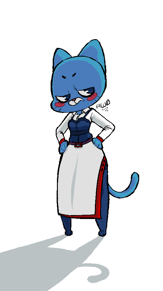 2017 anthro apron aw0 barefoot blue_eyes blue_fur blush cartoon_network cat clothing digital_media_(artwork) feline female frown fur half-closed_eyes hands_on_hips legwear looking_at_viewer mammal nicole_watterson simple_background standing the_amazing_world_of_gumball thigh_highs whiskers white_background