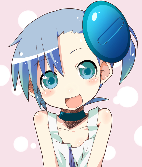 blue_eyes blue_hair blue_ribbon blush eyebrows_visible_through_hair hair_ornament looking_at_viewer miiyon open_mouth original ribbon smile solo