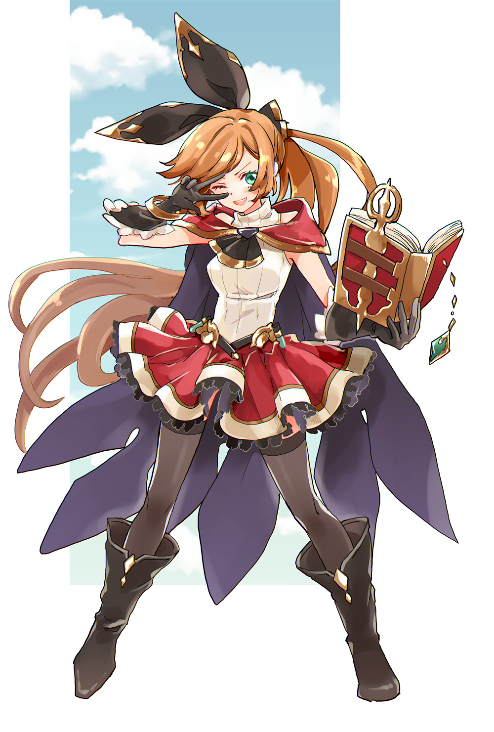 aqua_eyes black_gloves black_legwear blush book breasts brown_hair cape clarisse_(granblue_fantasy) gloves granblue_fantasy green_eyes hair_ribbon highres long_hair looking_at_viewer medium_breasts one_eye_closed open_mouth orange_hair ponytail popoin ribbon skirt sleeveless smile solo thighhighs turtleneck