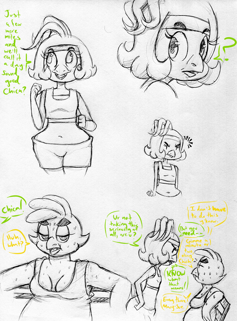 2015 ? alternate_species anthro avian bird breasts chica_(fnaf) chicken cleavage clothed clothing dialogue duo english_text exercise female five_nights_at_freddy's five_nights_at_freddy's_2 furrification inkyfrog midriff navel restricted_palette shirt simple_background sitting sweat tank_top text toy_chica_(fnaf) traditional_media_(artwork) video_games white_background