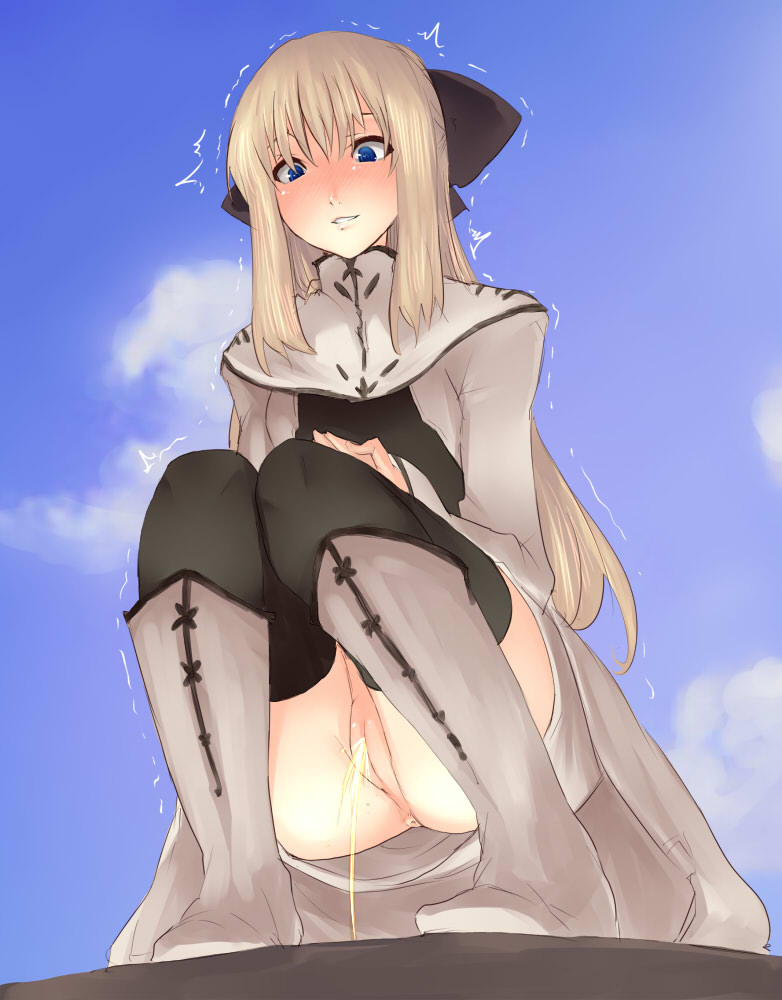 1girl anus ass bangs black_legwear blonde_hair blue_eyes blush boots cloud cyril day full_body goban grey_footwear long_hair long_sleeves no_panties nose_blush parted_lips pee peeing pussy shining_(series) shining_force_exa sky smile solo squatting thighhighs thighhighs_under_boots trembling