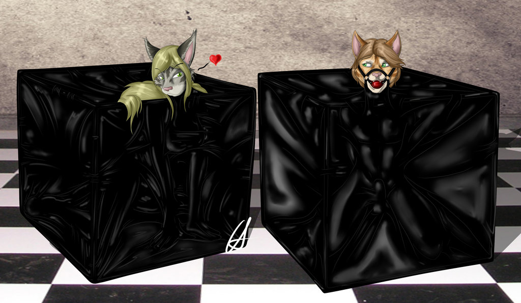 &lt;3 5_fingers akira666 anthro ball_gag bent_over blonde_hair bound breasts brown_fur brown_hair bulge cat checkered_floor cheek_tuft countershade_face duo ear_tuft eyebrows feline female front_view full-length_portrait fur gag gagged green_eyes grey_fur hair hands_behind_back harness_ball_gag immobile kneeling long_hair looking_at_viewer male mammal multicolored_fur muzzle_(object) muzzled nude penis_shaped_bulge pink_nose portrait restrained rubber shadow short_hair simple_background submissive textured_background tuft two_tone_fur vacuum_cube white_fur