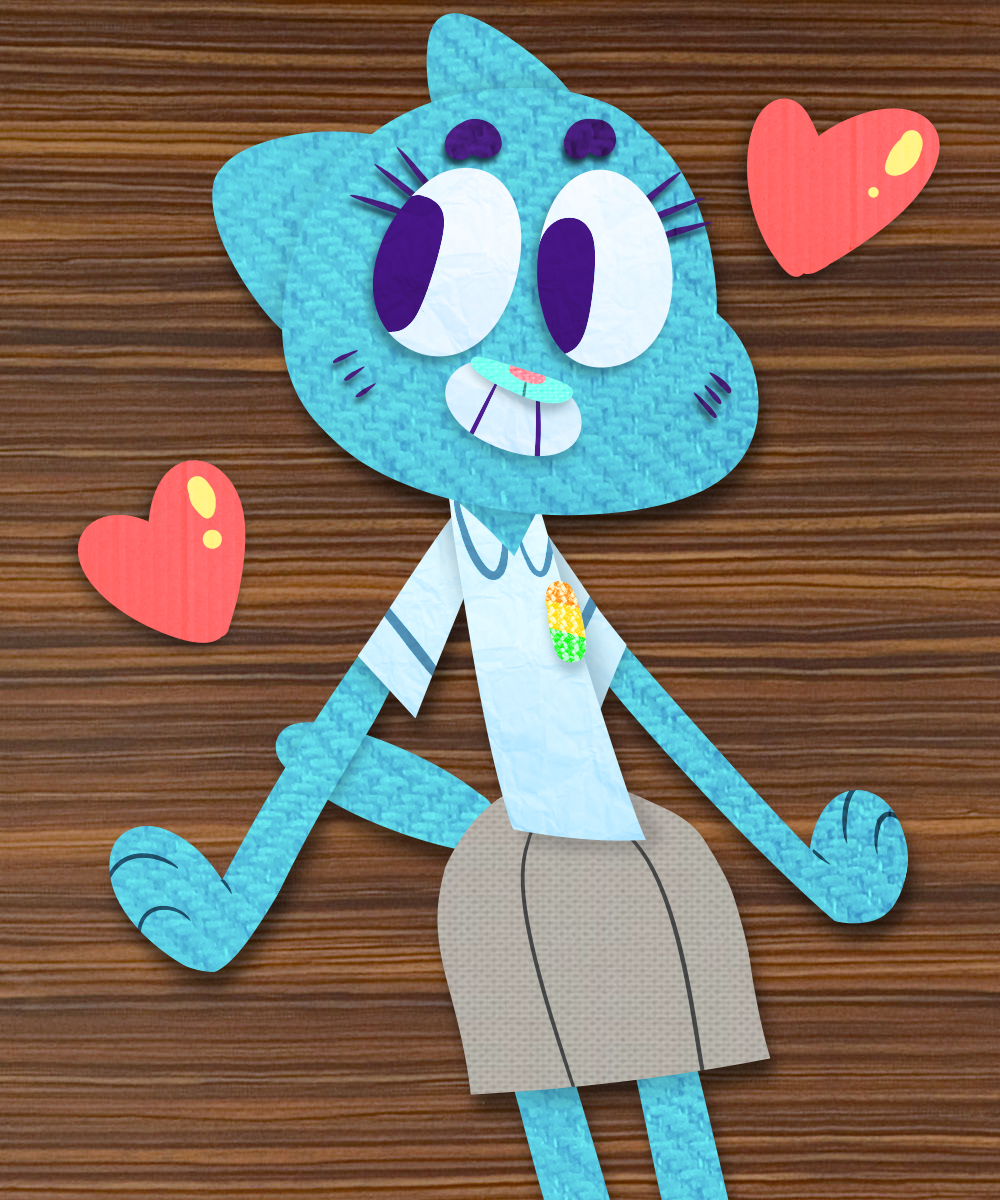 &lt;3 2017 anthro blue_fur cartoon_network cat clothing digital_media_(artwork) eyelashes feline female flutteringpie fur mammal nicole_watterson paper_doll pin pose raised_tail shirt simple_background skirt smile solo standing teeth the_amazing_world_of_gumball whiskers wood