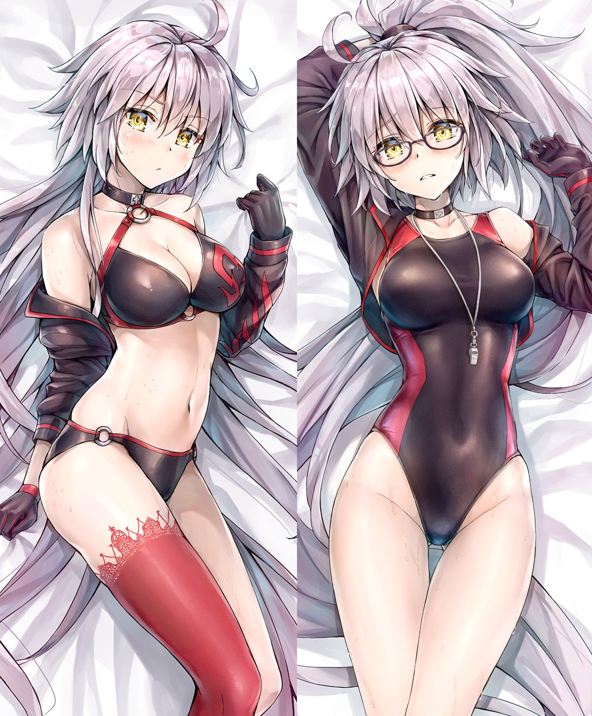 ass_visible_through_thighs bespectacled bikini black_bikini black_choker black_gloves black_jacket black_swimsuit breasts choker cleavage competition_swimsuit cowboy_shot cropped_jacket fate/grand_order fate_(series) glasses gloves highres jacket jeanne_d'arc_(alter_swimsuit_berserker) jeanne_d'arc_(fate)_(all) kotatsu_(kotatsu358) long_hair looking_at_viewer medium_breasts multiple_views o-ring o-ring_bikini o-ring_bottom o-ring_top one-piece_swimsuit red_legwear shrug_(clothing) silver_hair single_thighhigh swimsuit thigh_gap thighhighs very_long_hair whistle whistle_around_neck yellow_eyes