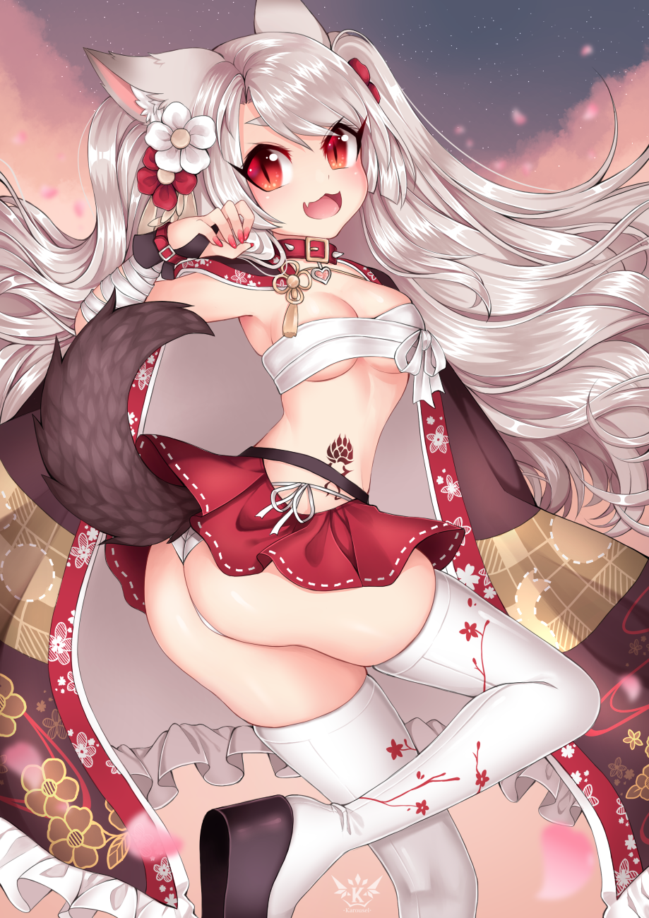 1girl animal_ears ass azur_lane bandage belt breasts buckle claw_pose collar collarbone fang fingerless_gloves gloves highres long_hair looking_at_viewer medium_breasts midriff nail_polish open_mouth panties pleated_skirt red_belt red_eyes red_nails sarashi short_eyebrows silver_hair skirt slit_pupils smile solo spiked_collar spikes tail tattoo thick_eyebrows thighhighs underwear wolf_ears wolf_tail yuudachi_(azur_lane)