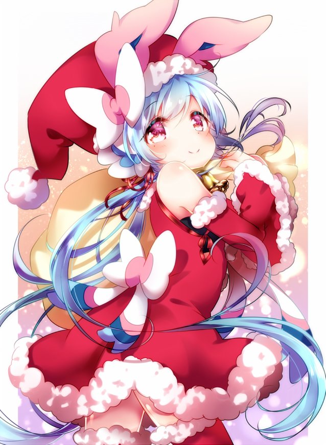 animal_ears bangs bell blue_hair blush bow bunny_ears commentary_request detached_sleeves dress flower from_side fur-trimmed_dress fur-trimmed_legwear fur-trimmed_sleeves fur_trim gen_6_pokemon hair_bow hair_flower hair_ornament hair_ribbon hat heart heart-shaped_pupils kofa_(ikyurima) long_hair looking_at_viewer mole mole_under_eye personification pokemon red_eyes ribbon sack santa_costume santa_hat smile solo sylveon symbol-shaped_pupils thighhighs twintails