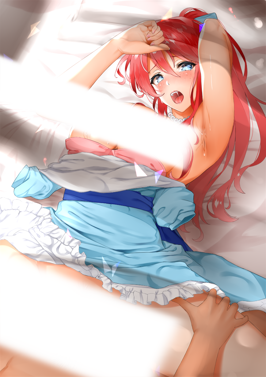 1girl arm_up armpits bad_id bad_nicoseiga_id bangs bar_censor bed_sheet blue_dress blue_eyes blush bra bra_pull breasts breasts_outside censored commentary_request day dress freckles gemini_sunrise hair_between_eyes hands_on_thighs hetero highres kitagawa_onitarou light_censor looking_at_viewer lying medium_breasts missionary on_back on_bed open_mouth pillow pink_bra ponytail pyon-kichi_(style) red_hair sakura_taisen_v saliva sex solo_focus sweat teeth underwear wavy_hair
