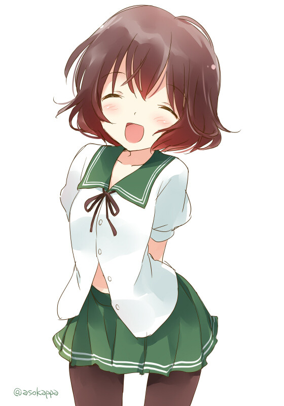 asoka black_legwear brown_hair closed_eyes gradient_hair green_skirt kantai_collection multicolored_hair mutsuki_(kantai_collection) open_mouth pantyhose pleated_skirt red_hair school_uniform serafuku short_hair skirt smile solo twitter_username