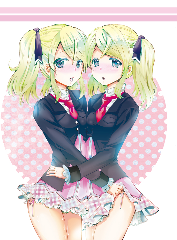blue_eyes blush breasts elize_lutus frills green_hair heart-shaped_pupils long_hair necktie open_mouth ribbon school_uniform skirt tales_of_(series) tales_of_xillia tales_of_xillia_2 twintails