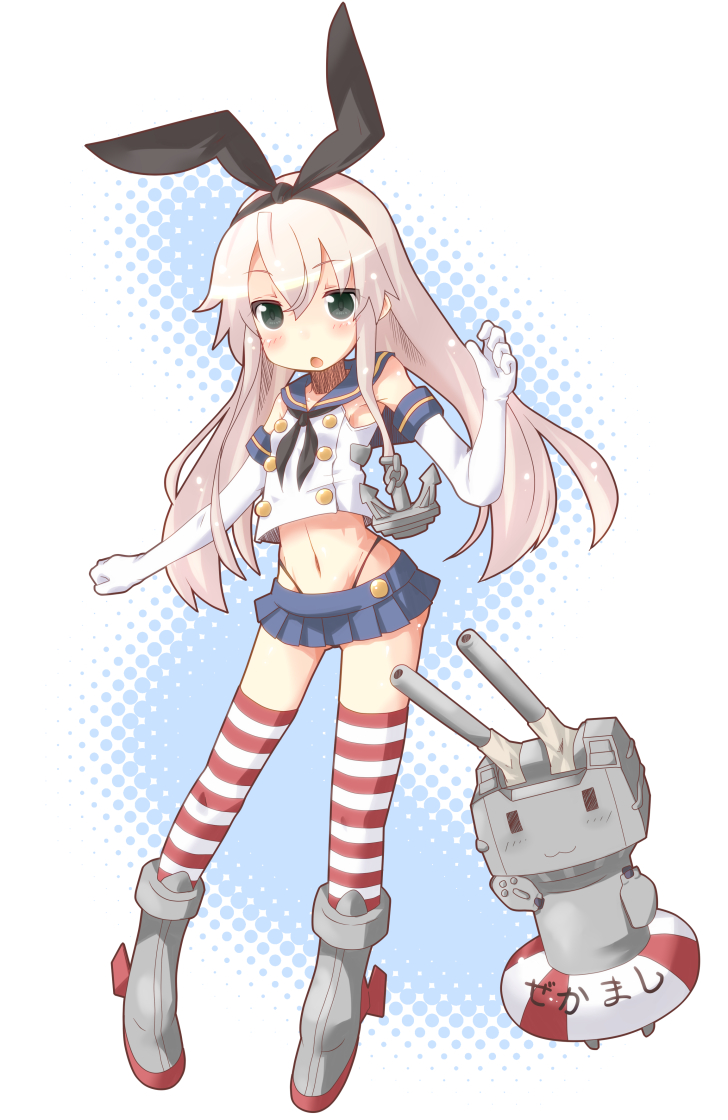 anchor blonde_hair blue_skirt blush boots elbow_gloves eyebrows_visible_through_hair gloves green_eyes headband kantai_collection lifebuoy long_hair looking_at_viewer miiyon open_mouth rensouhou-chan shimakaze_(kantai_collection) skirt striped striped_legwear thighhighs thong triangle_mouth