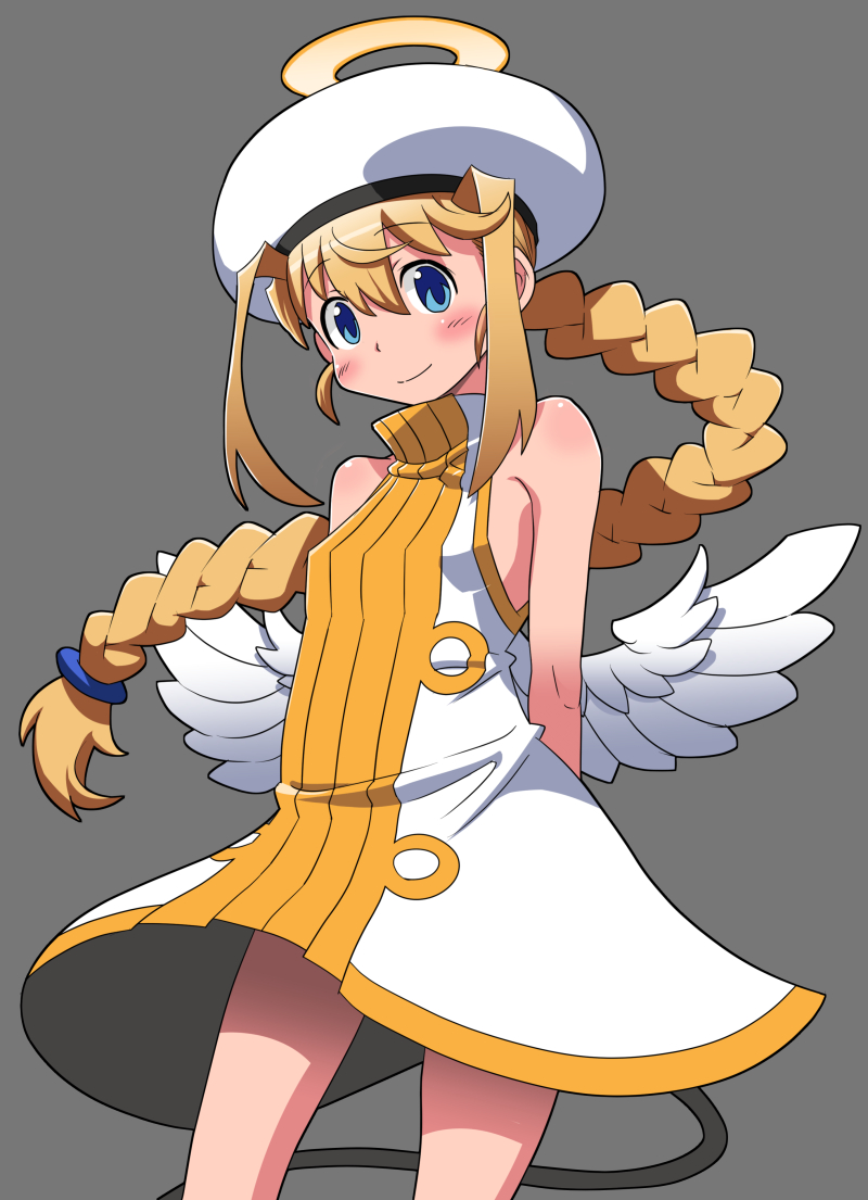 angel_wings blonde_hair blue_eyes blush_stickers braid breasts character_request dress grey_background halo hat long_hair looking_at_viewer low_wings matsuda_yuusuke single_braid sleeveless sleeveless_dress small_breasts smile solo tail very_long_hair white_dress wings