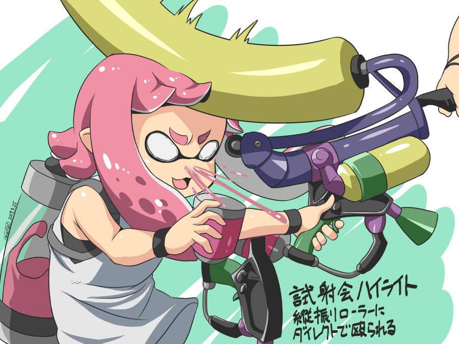 bare_arms bare_shoulders blank_eyes blood commentary_request dated domino_mask green_background hands_up hitting ink_tank_(splatoon) inkling long_hair mask motion_blur nosebleed open_mouth outstretched_arm paint pink_hair pointy_ears shiny shiny_hair shirt short_eyebrows signature sleeveless sleeveless_shirt solo_focus splat_dualies_(splatoon) splat_roller_(splatoon) splatoon_(series) splatoon_2 tentacle_hair thick_eyebrows translation_request tsuna_(al_dente) two-tone_background upper_body white_background white_shirt wristband