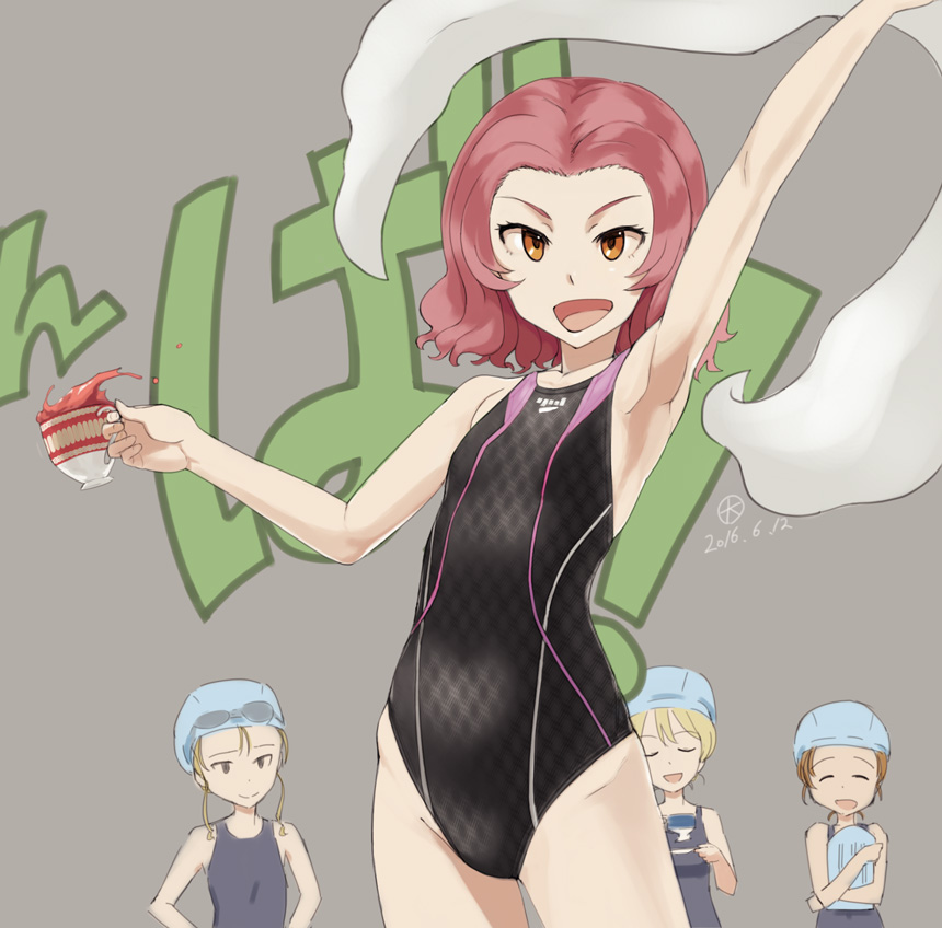 arm_up assam black_swimsuit blonde_hair blue_eyes blue_swimsuit brown_eyes closed_mouth competition_swimsuit cowboy_shot cup daisuke_(dskman) darjeeling dated girls_und_panzer grey_background holding holding_towel kickboard looking_at_viewer multiple_girls one-piece_swimsuit open_mouth orange_hair orange_pekoe red_hair rosehip saucer short_hair simple_background smile spilling standing swim_cap swimsuit teacup towel white_towel