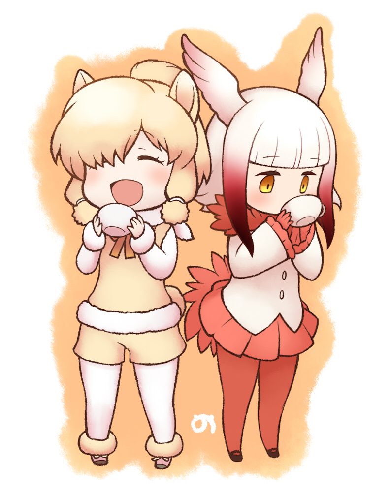 ^_^ alpaca_ears alpaca_suri_(kemono_friends) alpaca_tail animal_ears bangs beige_footwear beige_shorts beige_vest bird_tail bird_wings black_footwear blonde_hair blunt_bangs blush boots buttons chibi closed_eyes cup drinking expressionless eyebrows_visible_through_hair eyelashes frilled_sleeves frills full_body fur-trimmed_boots fur-trimmed_sleeves fur_collar fur_trim gloves gradient_hair gradient_ribbon hair_bun hair_ornament hair_over_one_eye hair_ribbon head_wings hitec holding holding_cup japanese_crested_ibis_(kemono_friends) japari_symbol jitome kemono_friends long_sleeves mary_janes multicolored multicolored_background multicolored_hair multiple_girls neck_ribbon no_nose open_mouth orange_background pantyhose pleated_skirt red_gloves red_hair red_legwear red_ribbon red_skirt ribbon shirt shoe_ribbon shoes short_hair short_hair_with_long_locks sidelocks simple_background skirt smile standing swept_bangs tail teacup tress_ribbon two-tone_background two-tone_hair vest white_background white_hair white_legwear white_ribbon white_shirt wide_sleeves wings yellow_eyes yellow_ribbon |d