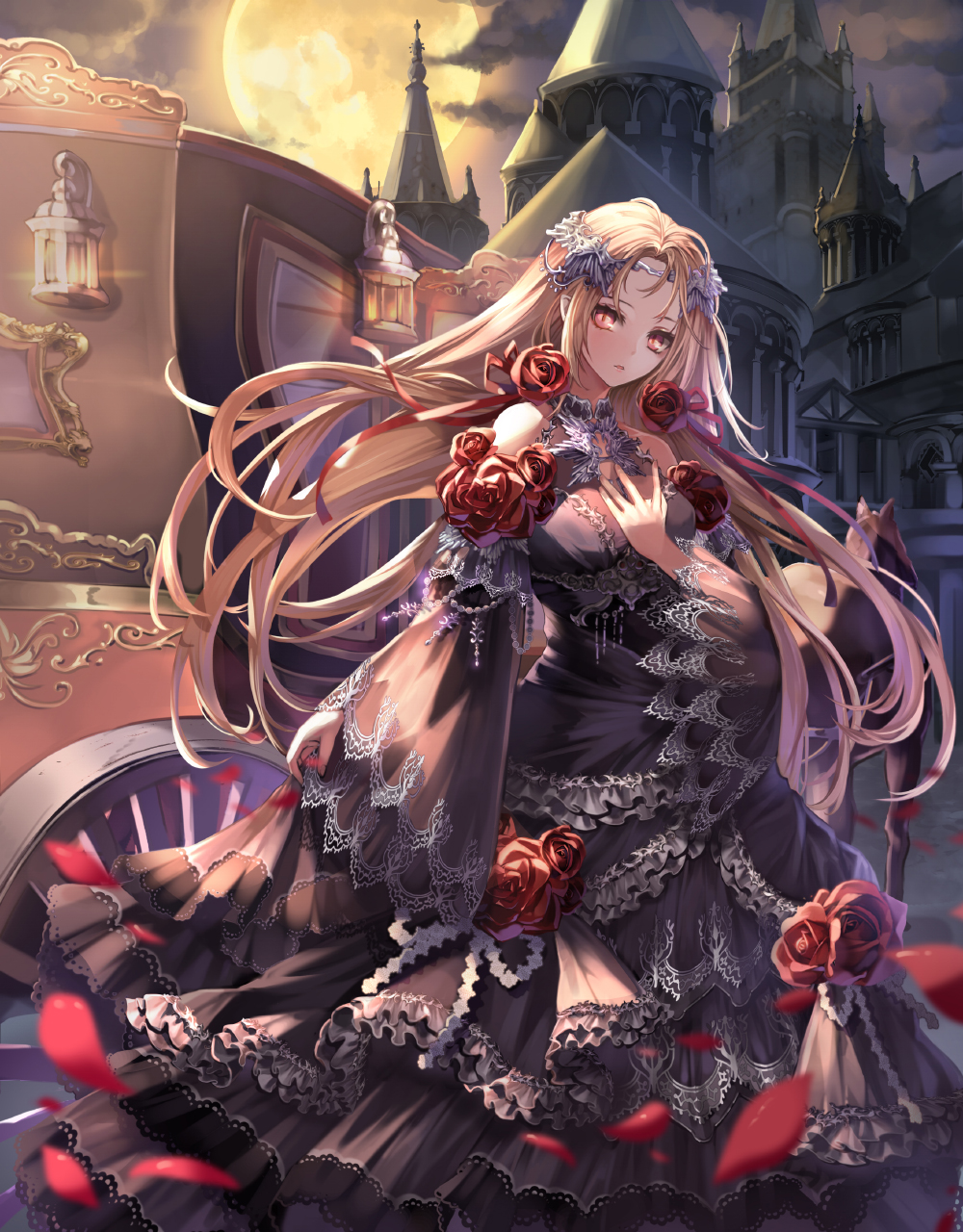 bad_id bad_pixiv_id bare_shoulders black_dress blonde_hair building carriage cloud cloudy_sky commentary cowboy_shot detached_sleeves dress fingernails flower frilled_dress frills full_moon hair_flower hair_ornament hair_ribbon hand_on_own_chest headpiece highres horse jewelry lantern long_hair looking_at_viewer mansion moon night orange_eyes original parted_lips petals red_flower red_ribbon red_rose ribbon rose shenteita sky solo wheel wide_sleeves