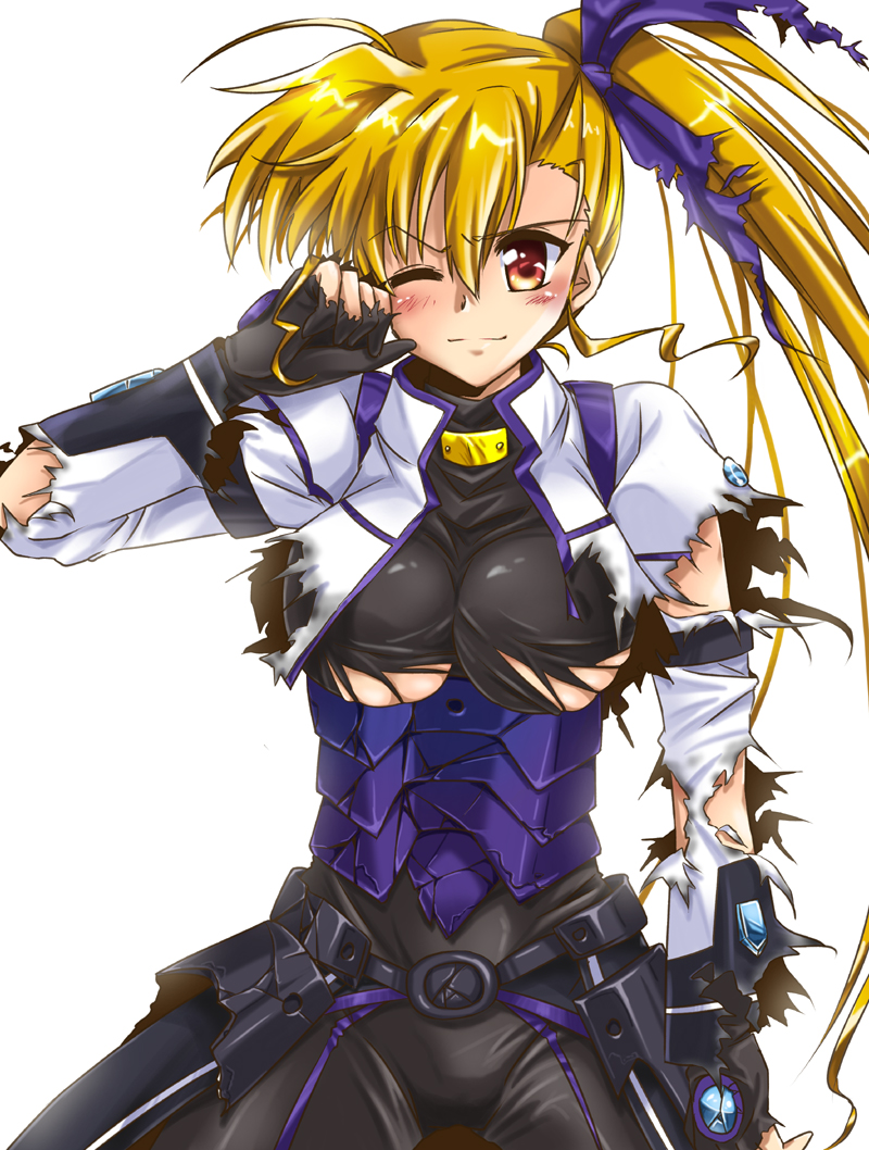 armor blonde_hair bodysuit breasts broken_armor clenched_hand cowboy_shot cropped_jacket gloves hair_ribbon jacket large_breasts light_blush long_hair looking_at_viewer lyrical_nanoha magical_girl mahou_shoujo_lyrical_nanoha_vivid older open_clothes open_jacket red_eyes ribbon san-pon side_ponytail simple_background smirk solo torn_bodysuit torn_clothes torn_gloves torn_jacket underboob very_long_hair vivio waist_cape white_background
