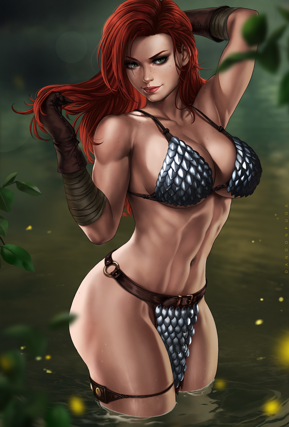 1girl abs adjusting_hair arm_behind_back armor armpits bandage bare_shoulders bikini_armor breasts brown_gloves closed_mouth collarbone commentary dandon_fuga english_commentary freckles gloves green_eyes highres large_breasts leaf long_hair muscle muscular_female navel o-ring partially_submerged pelvic_curtain red_hair red_lips red_sonja red_sonja_(comics) smile solo standing thigh_strap thighs water weapon