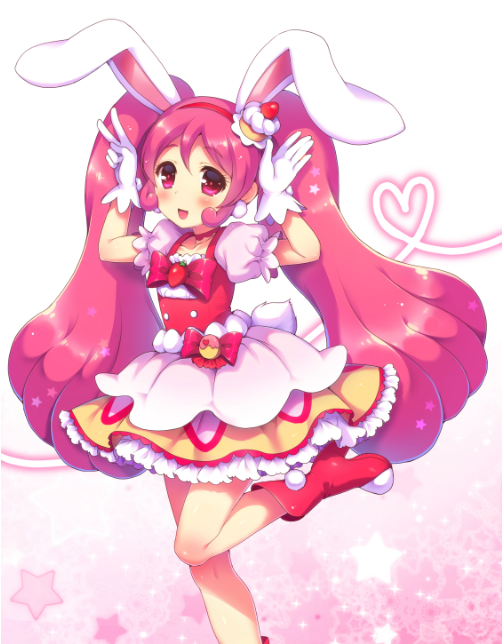 animal_ears blush boots bunny_ears bunny_tail cake_hair_ornament cure_whip extra_ears food_themed_hair_ornament gloves hair_ornament heart kirakira_precure_a_la_mode long_hair looking_at_viewer magical_girl open_mouth pink_eyes pink_hair precure red_footwear sakura_puchirou smile solo standing standing_on_one_leg star tail twintails usami_ichika v white_gloves
