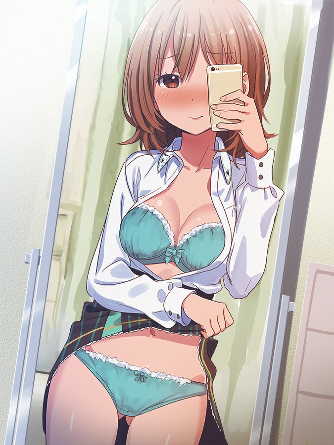 aqua_bra aqua_panties ass_visible_through_thighs aumann blush bra breasts brown_eyes brown_hair cellphone cleavage collared_shirt cowboy_shot dutch_angle eyebrows_visible_through_hair hashimoto_hikari indoors long_sleeves medium_breasts mirror navel open_clothes open_shirt panties phone plaid plaid_skirt raramagi reflection shirt skirt skirt_lift smartphone solo underwear wing_collar