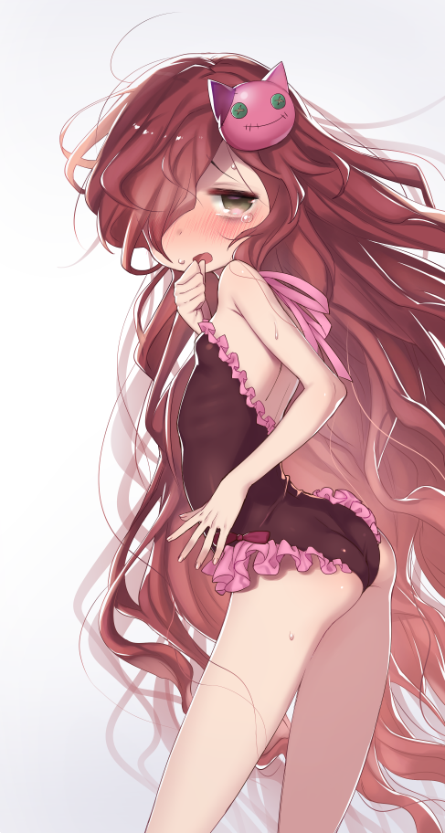 anna_(granblue_fantasy) ass bare_shoulders black_swimsuit blush breasts brown_eyes frilled_swimsuit frills granblue_fantasy hair_over_one_eye long_hair looking_at_viewer ogata_zen one-piece_swimsuit red_hair small_breasts solo standing sweat swimsuit tears very_long_hair wavy_hair