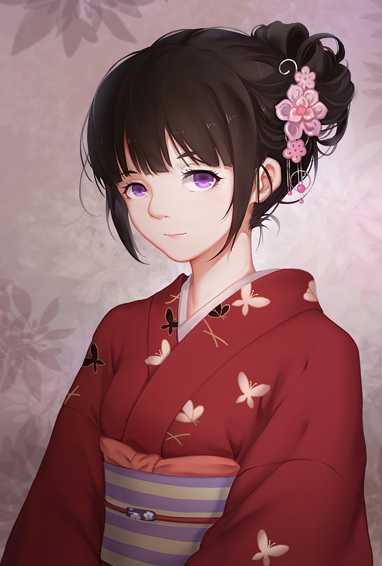 animal_print brown_hair butterfly_print eyelashes floral_background flower hair_flower hair_ornament japanese_clothes kimono looking_at_viewer minhoo obi original purple_eyes sash solo upper_body