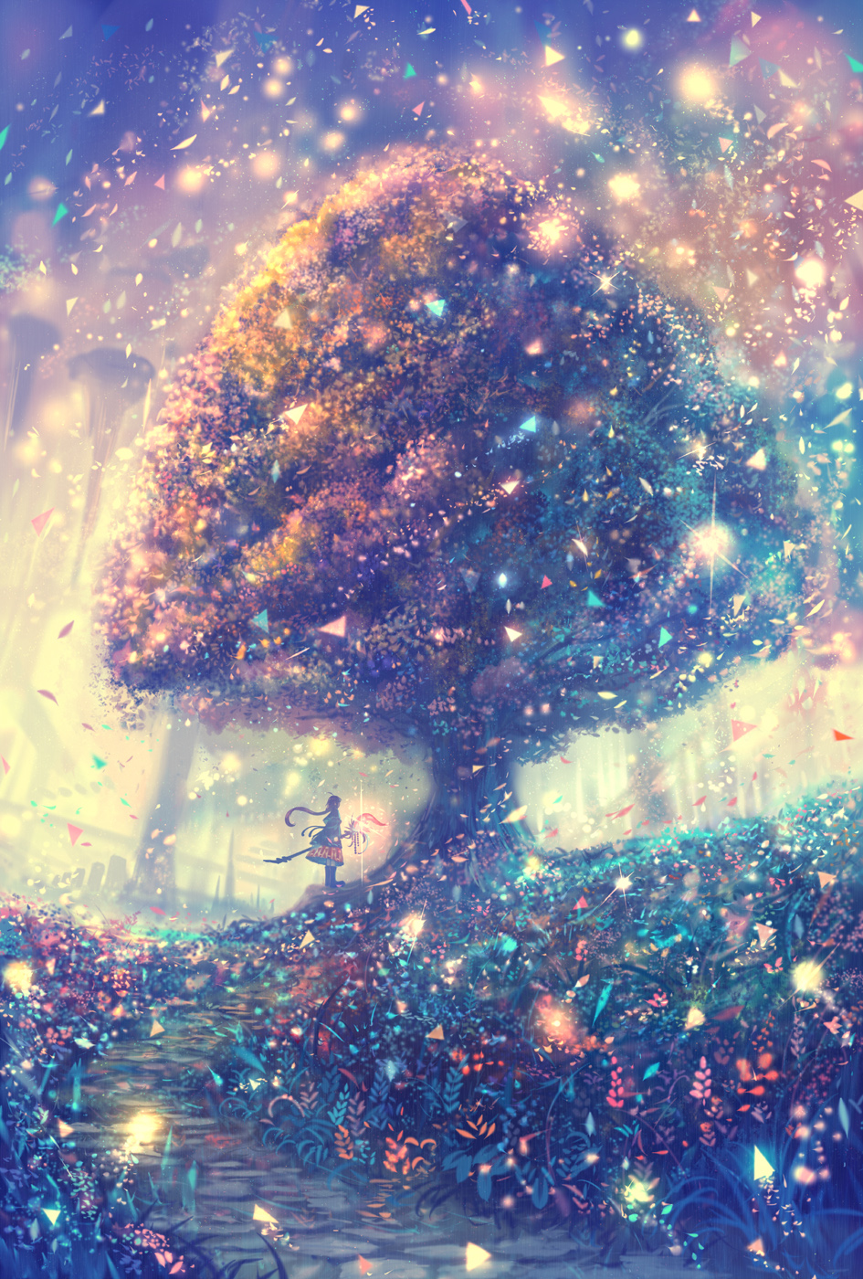 ahoge backlighting boots colorful commentary fantasy flower forest grass highres light light_particles long_hair nature original robe sakimori_(hououbds) scenery skirt solo staff texture tree