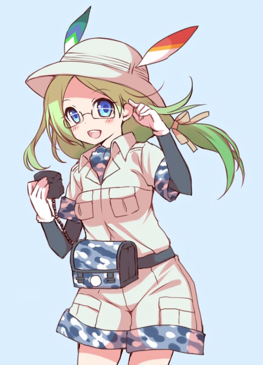 black-framed_eyewear blue_background blue_eyes blush breast_pocket camouflage camouflage_bag commentary_request cowboy_shot dot_nose duplicate eyebrows_visible_through_hair glasses gloves green_hair hair_ornament hair_ribbon hand_in_hair hat hat_feather helmet jpeg_artifacts kawanobe kemono_friends long_hair long_sleeves looking_at_viewer mirai_(kemono_friends) open_mouth pink_ribbon pith_helmet pocket ribbon safari_jacket semi-rimless_eyewear short_over_long_sleeves short_sleeves simple_background smile solo teeth under-rim_eyewear upper_teeth white_gloves white_hat wind