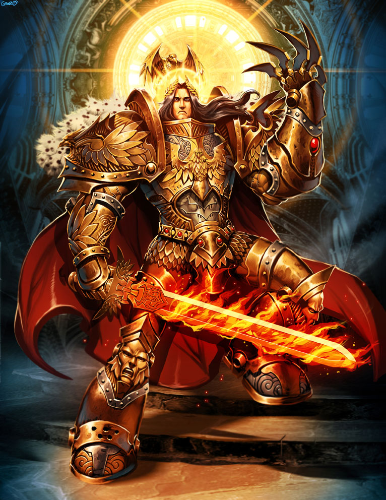 aquila_(symbol) armor artist_name bird blade boots brown_hair cape claws commentary eagle emperor_of_mankind english_commentary epic fire flame flaming_sword gauntlets gem genzoman gloves gold gold_armor gothic greaves halo king knee_pads laurel_crown laurels long_hair male_focus manly mecha ornate pauldrons pelt power_armor power_suit realistic revision science_fiction scowl solo stairs standing sword warhammer_40k weapon wings wreath