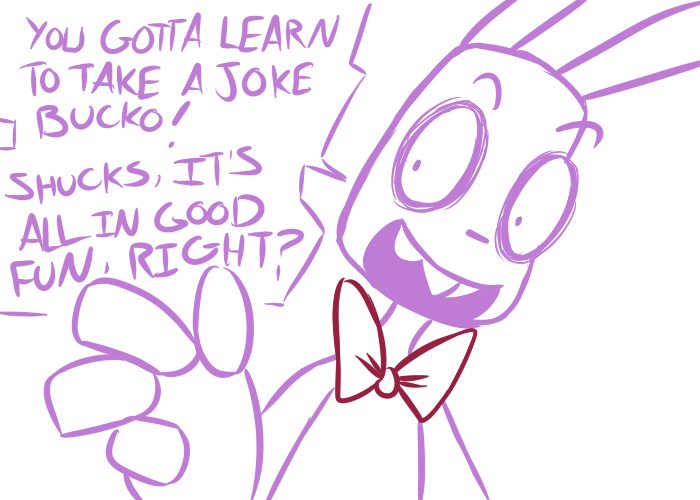 2015 animatronic anthro bonnie_(fnaf) bow_tie buckteeth dialogue english_text five_nights_at_freddy's inkyfrog lagomorph machine male mammal rabbit restricted_palette robot simple_background solo style_emulation teeth text video_games white_background