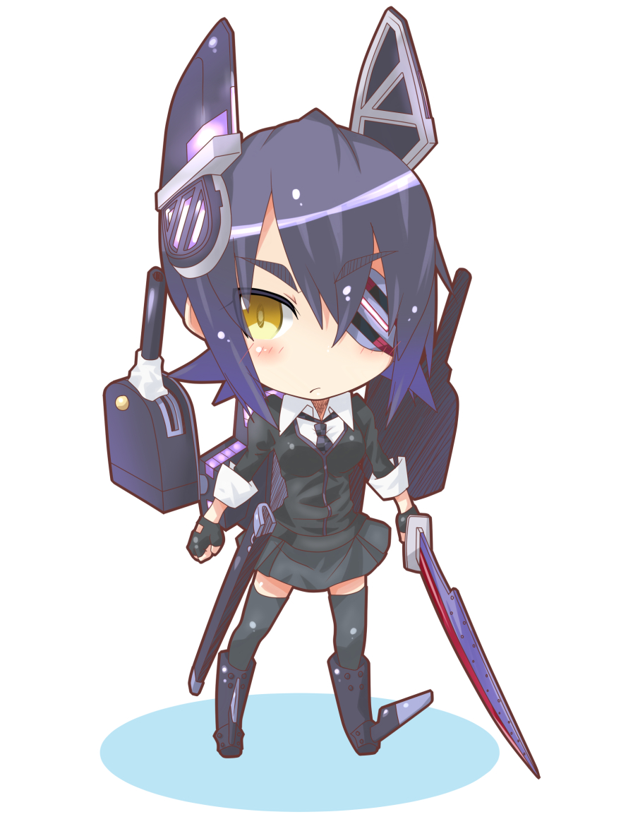 black_legwear black_neckwear black_skirt blush chibi eyebrows_visible_through_hair eyepatch hair_ornament holding holding_sword holding_weapon kantai_collection left-handed looking_at_viewer miiyon necktie purple_hair short_hair skirt solo sword tenryuu_(kantai_collection) thighhighs weapon yellow_eyes