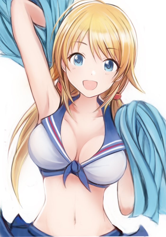1girl :d arm_up armpits bare_arms blonde_hair blue_eyes blue_skirt blush breasts breasts_apart cheerleader collarbone crop_top front-tie_top hachimiya_meguru hand_up head_tilt holding_pom_poms idolmaster idolmaster_shiny_colors large_breasts long_hair looking_at_viewer low_twintails midriff nannacy7 navel open_mouth pom_poms shirt sidelocks simple_background skirt sleeveless sleeveless_shirt smile solo stomach twintails upper_body white_background white_shirt wing_collar