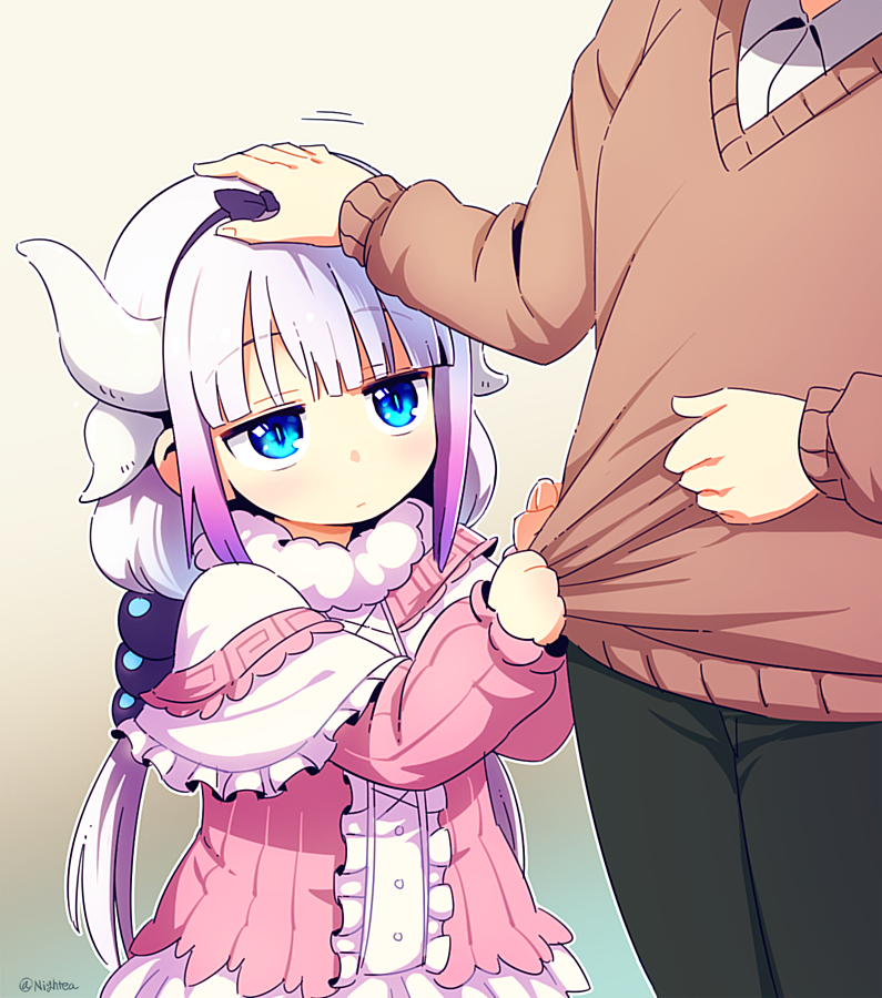 :/ artist_name black_pants blue_eyes brown_sweater capelet closed_mouth collared_shirt dragon_girl dragon_horns dress eyebrows_visible_through_hair gradient gradient_background gradient_hair hand_on_another's_head horns kanna_kamui kobayashi-san_chi_no_maidragon kobayashi_(maidragon) lavender_hair long_hair long_sleeves looking_at_viewer low_twintails motion_lines multicolored_hair multiple_girls nightea outline pants petting purple_hair shirt shirt_grab short_hair slit_pupils sweater twintails twitter_username white_shirt wing_collar