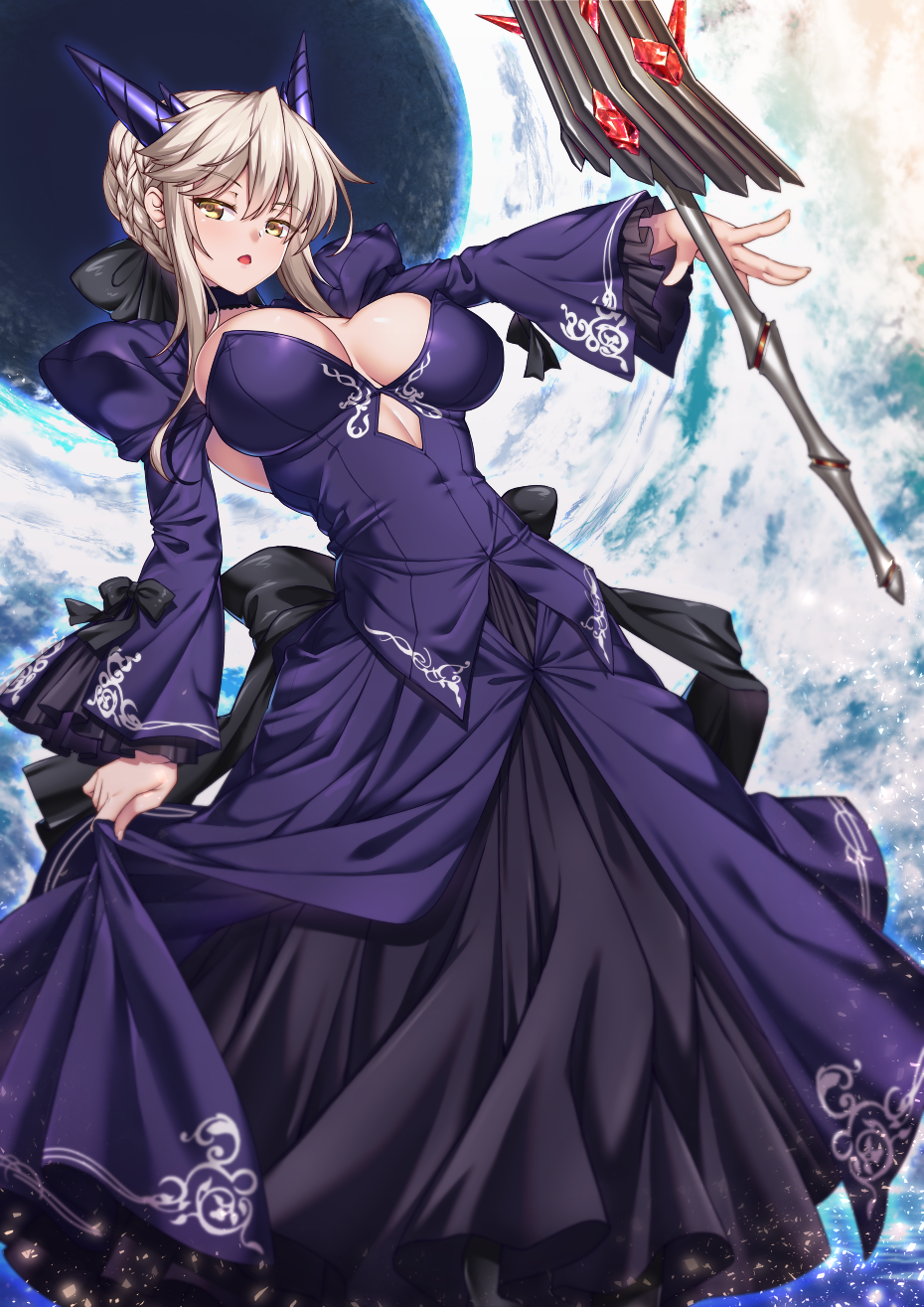 1girl ahoge artoria_pendragon_(all) artoria_pendragon_(lancer_alter) bangs black_choker black_dress black_ribbon blonde_hair braid breasts choker cleavage cloud commentary_request cosplay covered_navel cowboy_shot dress dress_lift fate/grand_order fate_(series) french_braid frilled_sleeves frills hair_bun highres horns large_breasts long_sleeves looking_at_viewer open_mouth puffy_long_sleeves puffy_sleeves ribbon saber_alter shirokuma_a sidelocks solo swept_bangs underboob wide_sleeves yellow_eyes