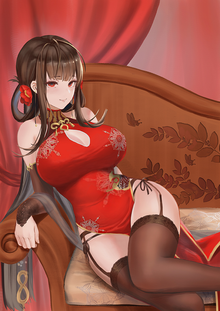 1girl alternate_costume bare_shoulders breasts brown_hair china_dress chinese_clothes chinese_commentary cleavage cleavage_cutout commentary_request couch dress dsr-50_(girls_frontline) elbow_gloves fingerless_gloves flower garter_belt garter_straps girls_frontline gloves hair_flower hair_ornament hair_rings large_breasts olin_(nienxddd) panties reclining red_eyes side-tie_panties solo thighhighs underwear