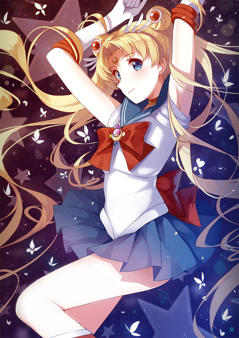 arms_up bishoujo_senshi_sailor_moon bishoujo_senshi_sailor_moon_crystal blonde_hair blue_eyes blue_sailor_collar blush bow brooch bug butterfly caidychen choker crescent double_bun elbow_gloves gloves hair_ornament insect jewelry long_hair magical_girl pleated_skirt red_bow red_choker revision sailor_collar sailor_moon sailor_senshi_uniform school_uniform serafuku skirt solo star tsukino_usagi twintails very_long_hair white_gloves