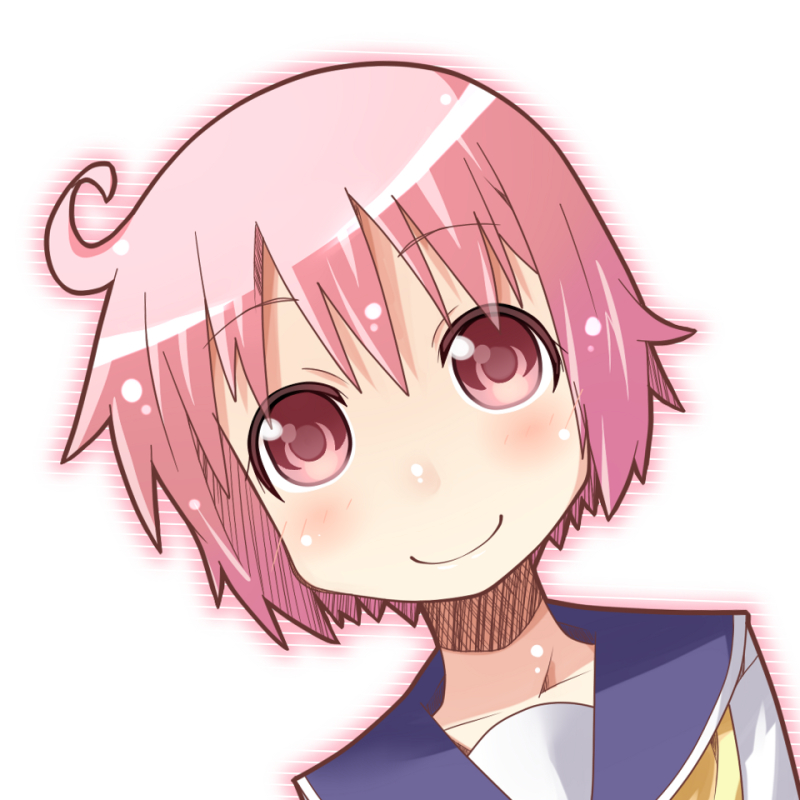 blush collarbone eyebrows_visible_through_hair looking_at_viewer miiyon necktie nonohara_yuzuko pink_eyes pink_hair school_uniform school_uniform_(yuyushiki) serafuku short_hair smile solo yellow_neckwear yuyushiki