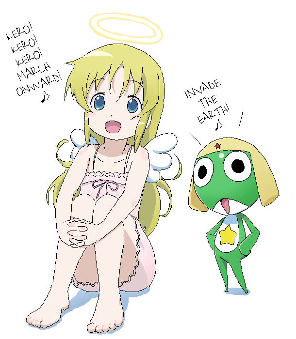 ana_coppola angel_wings barefoot child crossover feet halo hard_translated ichigo_mashimaro kazunari keroro keroro_gunsou noto_mamiko oekaki seiyuu_connection toes translated wings