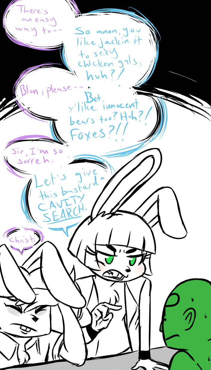 2015 alternate_species anon anthro bonnie_(fnaf) buckteeth chest_tuft clothed clothing dialogue english_text facepalm five_nights_at_freddy's five_nights_at_freddy's_2 furrification green_eyes group human inkyfrog lagomorph male mammal open_jacket pointing rabbit restricted_palette sweat sweatdrop teeth text toy_bonnie_(fnaf) tuft video_games wristband