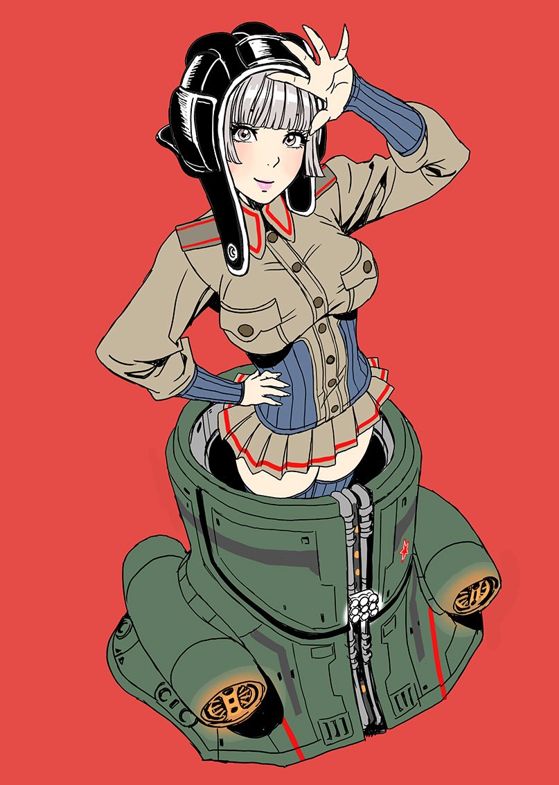 allier_(military_qty's) arm_warmers aviator_cap bangs blue_legwear blunt_bangs blush breasts buttons cherno_alpha closed_mouth commentary cowboy_shot crossover flat_color from_above grey_jacket grey_skirt hand_on_hip hand_up head_tilt jacket legs_together light_smile lips lipstick long_sleeves makeup mecha medium_breasts military military_qty's military_uniform miniskirt pacific_rim pink_lipstick pleated_skirt pocket red_background ribbed_legwear salute short_hair silver_eyes silver_hair simple_background skirt smile solo standing star thighhighs uniform yamashita_shun'ya zettai_ryouiki