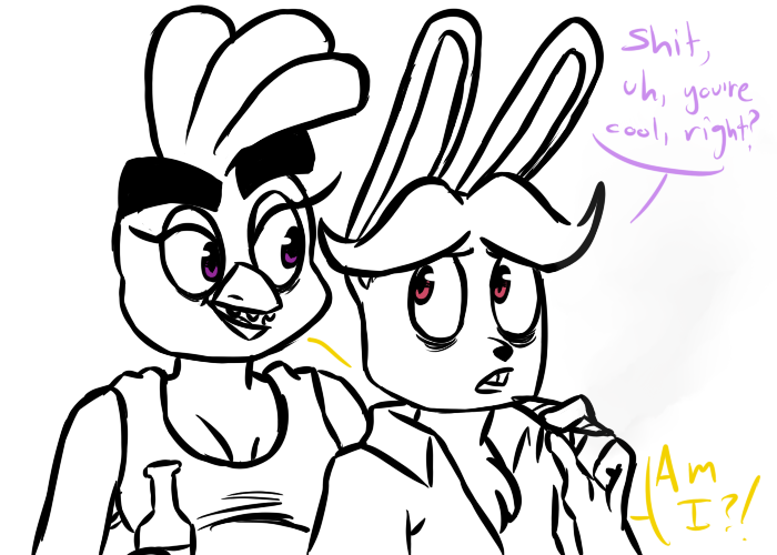 2016 alternate_species anthro avian beer_bottle bird bonnie_(fnaf) breasts buckteeth chest_tuft chica_(fnaf) chicken cleavage clothed clothing drugs duo female five_nights_at_freddy's furrification holding_object inkyfrog lagomorph male mammal marijuana rabbit restricted_palette simple_background teeth tuft video_games white_background