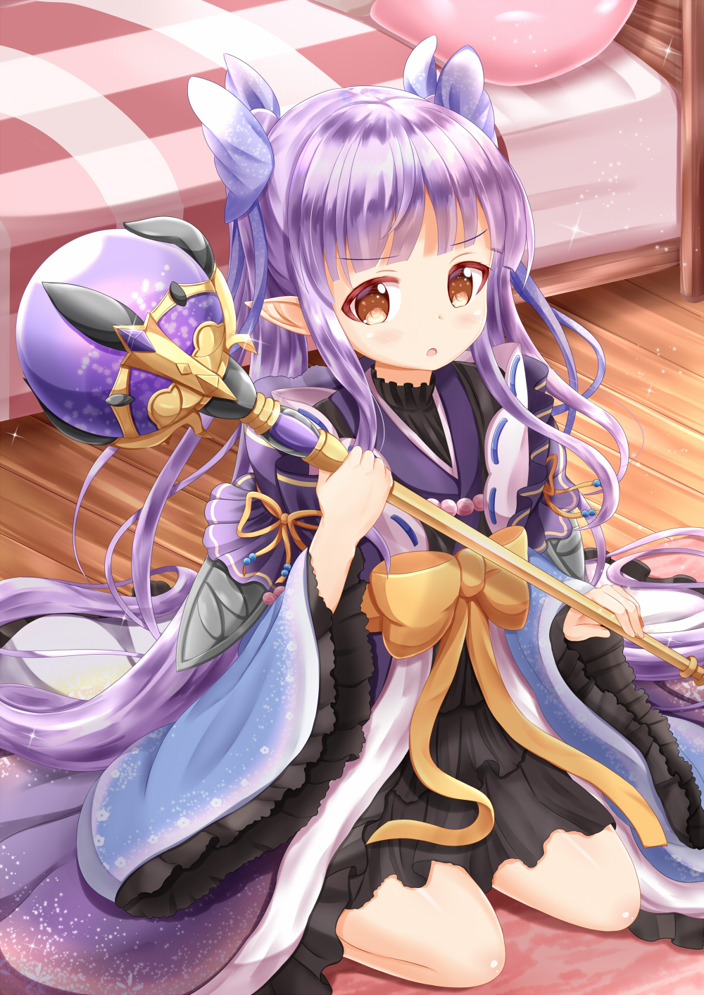 1girl bangs bed blush bow brown_eyes commentary_request eyebrows_visible_through_hair fingernails hair_bow highres hikawa_kyoka holding holding_staff indoors japanese_clothes kimono long_sleeves orange_bow parted_lips pillow plaid pointy_ears princess_connect! princess_connect!_re:dive purple_bow purple_hair purple_kimono sidelocks sitting solo staff twintails wariza wide_sleeves wooden_floor zenon_(for_achieve)