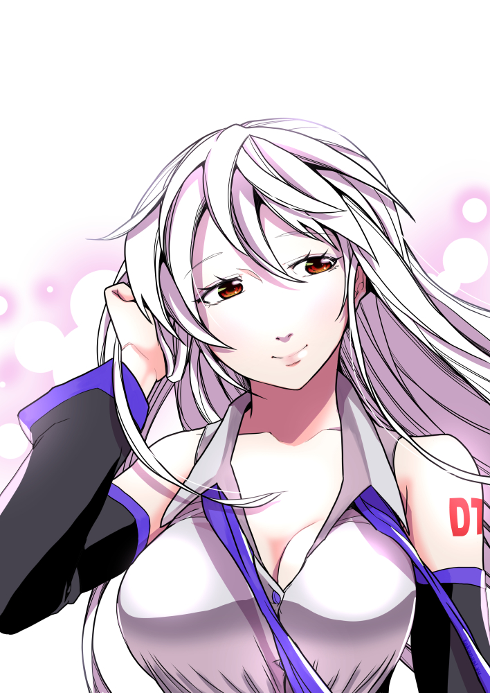 alternate_hairstyle birdsong breasts cleavage detached_sleeves hair_down large_breasts long_hair necktie red_eyes silver_hair smile solo untied vocaloid voyakiloid yowane_haku
