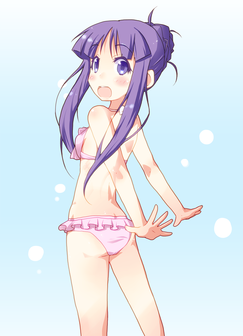 bikini blush hair_bun highres hinata_yukari long_hair looking_at_viewer looking_back miiyon open_mouth outstretched_arms pink_bikini purple_eyes purple_hair smile solo swimsuit swimwear yuyushiki