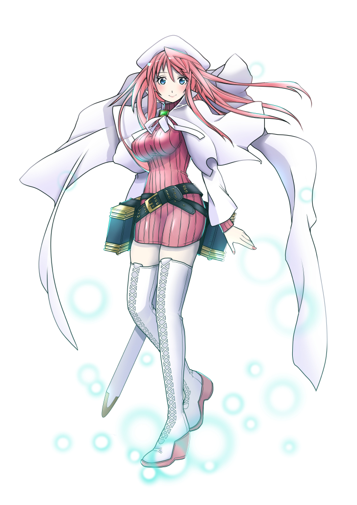 aty_(summon_night) belt beret birdsong blue_eyes blush boots breasts cape cross-laced_footwear dress hat lace-up_boots large_breasts long_hair long_sleeves looking_at_viewer red_hair smile solo summon_night summon_night_3 thigh_boots thighhighs white_footwear white_legwear zettai_ryouiki
