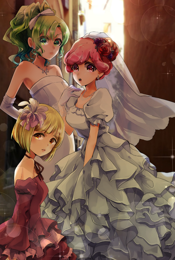 3girls bleach blonde_hair bow brown_eyes brown_ribbon character_request collarbone detached_sleeves dress elbow_gloves flower gloves green_eyes green_hair hair_between_eyes hair_bow hair_flower hair_ornament high_ponytail jewelry layered_dress lens_flare long_dress long_hair long_sleeves looking_at_viewer multiple_girls neck_ribbon necklace pink_hair red_dress red_eyes red_flower red_rose red_sleeves ribbon rose short_hair short_sleeves sleeveless sleeveless_dress sparkle striped striped_dress umi_(pixiv6861961) wedding_dress white_bow white_dress white_gloves