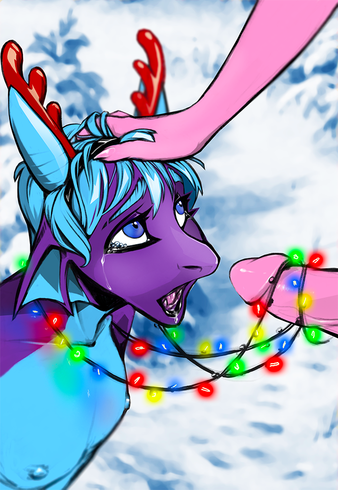 2018 anthro bdsm christmas christmas_lights demino_(deminothedragon) digital_media_(artwork) dragon duo erection eyeshadow fake_antlers girly hair hand_on_head holidays horn kimart_i lipstick looking_up makeup male male/male nipples nude open_mouth oral penis scalie sex tears tongue