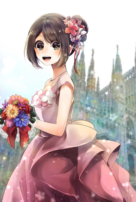 1girl :d asymmetrical_clothes bangs bleach bouquet brown_eyes brown_hair church collarbone dress flower hair_bun holding holding_bouquet jewelry kuchiki_rukia lens_flare long_dress necklace open_mouth outdoors parted_bangs pink_dress shiny shiny_hair short_hair sleeveless sleeveless_dress smile solo standing umi_(pixiv6861961)
